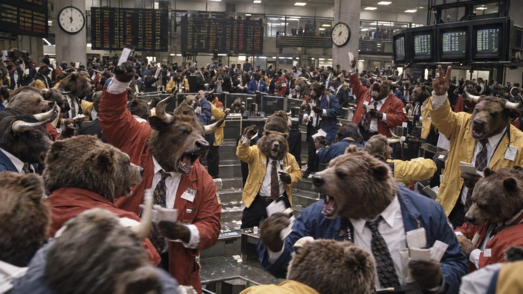 Bulls and bears trading on a crowded exchange floor